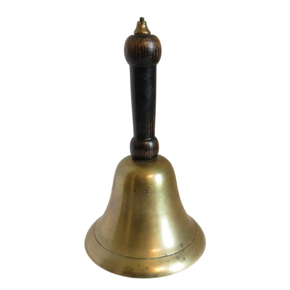 Vintage Mid-Century Large Heavy Solid Brass School Teacher Bell Wooden Handle 9" - Picture 3 of 5